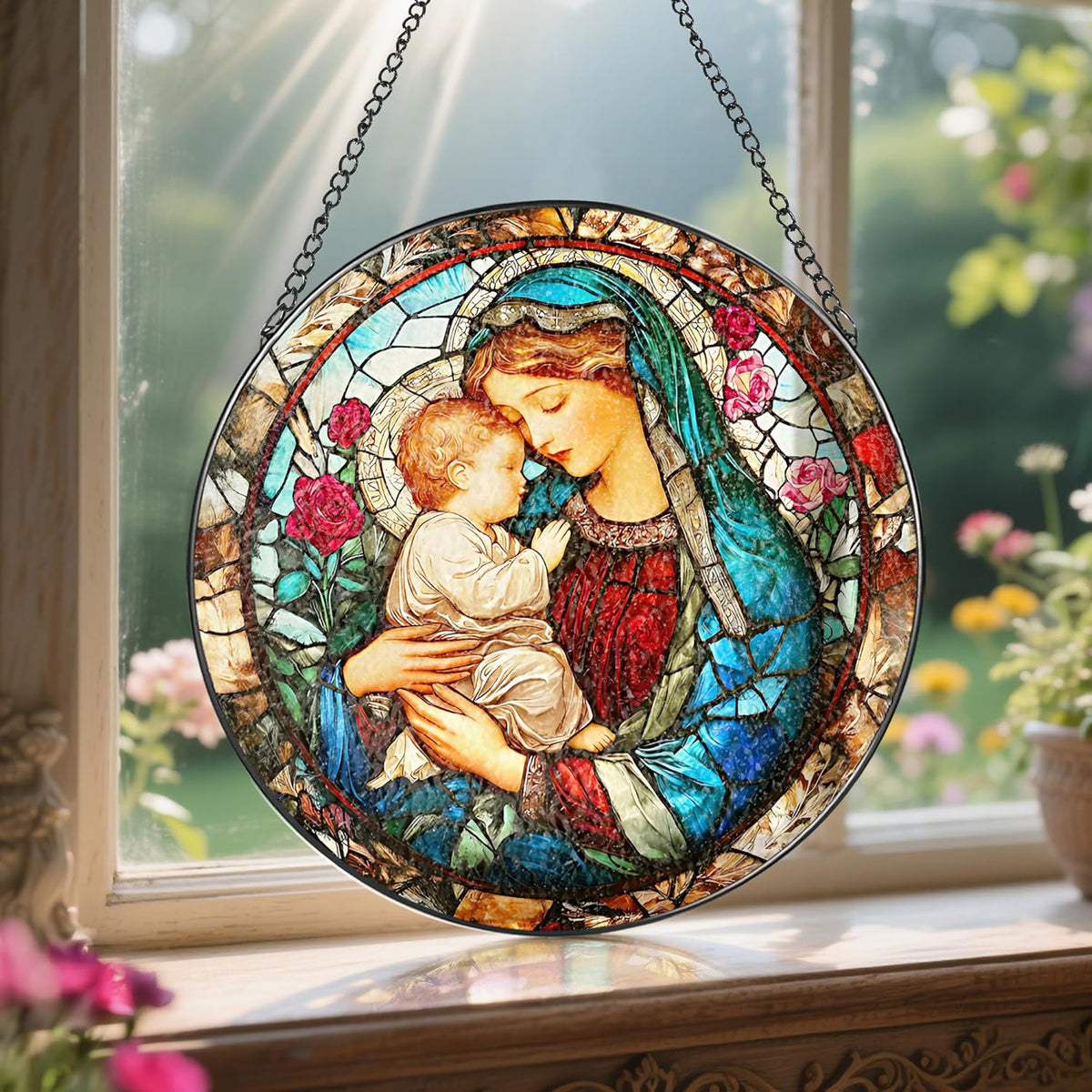 8 Inch Virgin Mary Stained Glass Suncatcher, Stained Glass Window Hanging, Christian Window Hanging