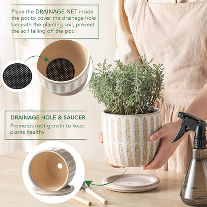 Ceramic Flower Pots Indoor-Outdoor: 5.75 Inch Planters with Drainage Holes & Saucer - Modern