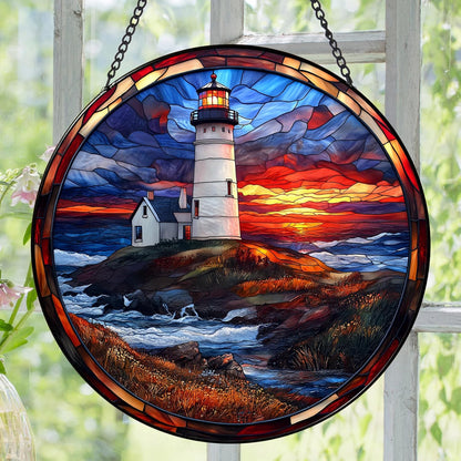 Coastal Lighthouse in Autumn Suncatcher -7.9 in Stained Glass Window Hanging Sun Catcher Garden