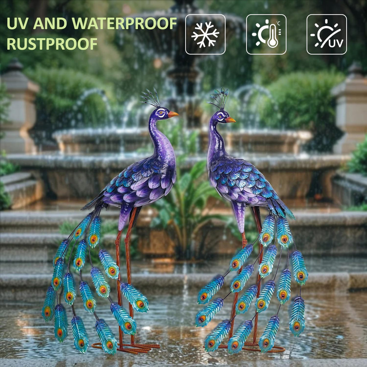 Kircust Purple Peacock Garden Statue and Sculpture, Metal Peacocks Yard Art Lawn Decor, Large Birds