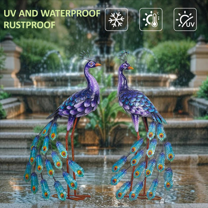 Kircust Purple Peacock Garden Statue and Sculpture, Metal Peacocks Yard Art Lawn Decor, Large Birds