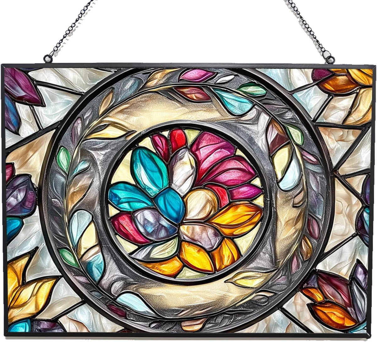 Customized Rectangle Floral Ring Suncatcher Stained Glass Window Hangings Sun Catchers Colorful