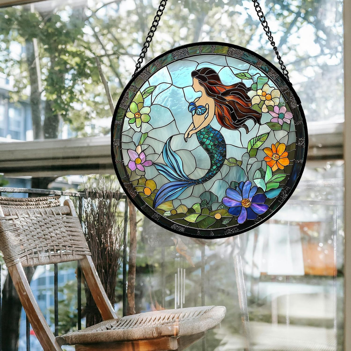 Stained Glass Window Hanging - Light Blue Mermaid Suncatcher for Door Terrace Garden Home Decor