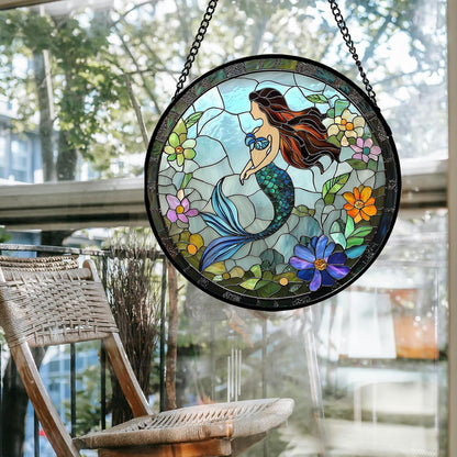 Stained Glass Window Hanging - Light Blue Mermaid Suncatcher for Door Terrace Garden Home Decor