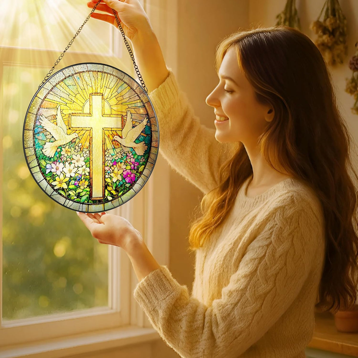 Cross and Wildflowers Stained Glass Suncatcher, 8 Inch Christian Stained Glass Windows Hanging