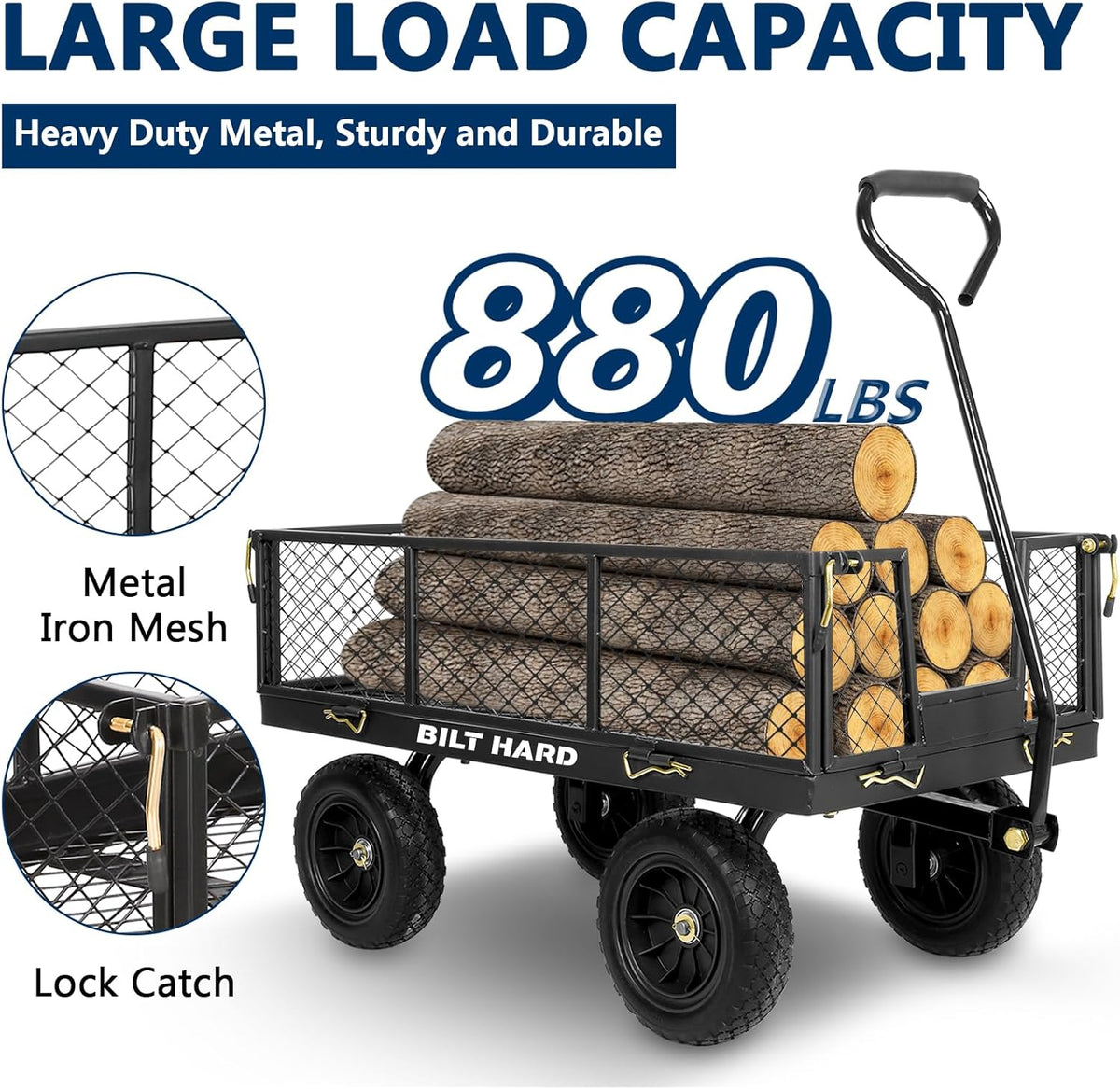 BILT HARD 10" Flat Free Tires Heavy Duty Garden Cart with 180° Rotating Handle and Removable Sides