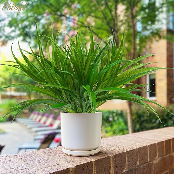 16Pcs Artificial Grass Fake Plants 17.3in 16 Leaves Outdoor Fake Grass UV Resistant Greenery