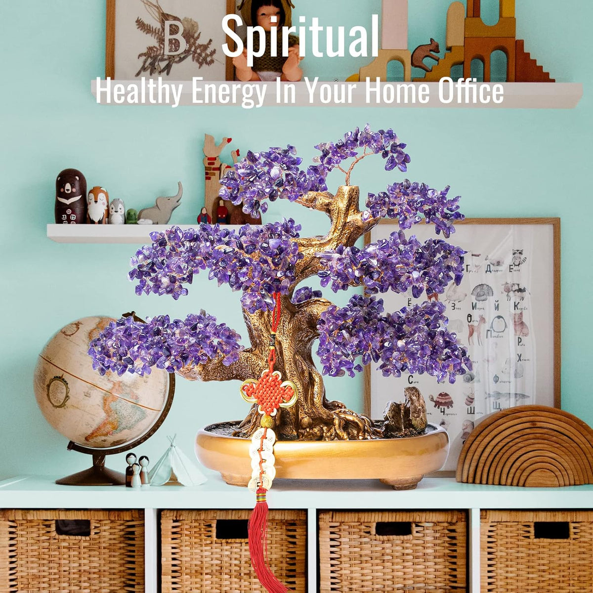 Natural Amethyst Gemstone Crystal Bonsai Tree of Life Large Feng Shui Money Chakra Tree for Luck