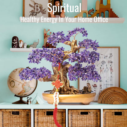 Natural Amethyst Gemstone Crystal Bonsai Tree of Life Large Feng Shui Money Chakra Tree for Luck