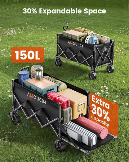 Wagon Cart Foldable, Collapsible Wagon with Expandable Storage, 150L Foldable Grocery Cart with 2