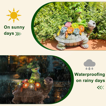 ILLUMINEW Solar Garden Outdoor Statues Turtle& Frog with Succulent and 8 LED Lights, Turtle