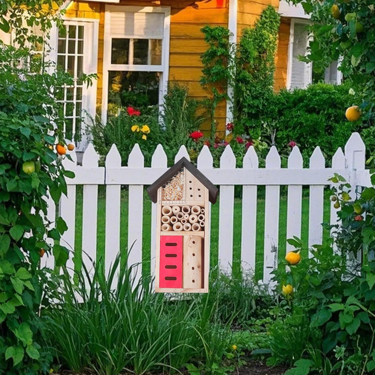 Insect Hotel Hanging Bee House Wooden Insect House, Natural Habitat for Beneficial Bees, Bugs