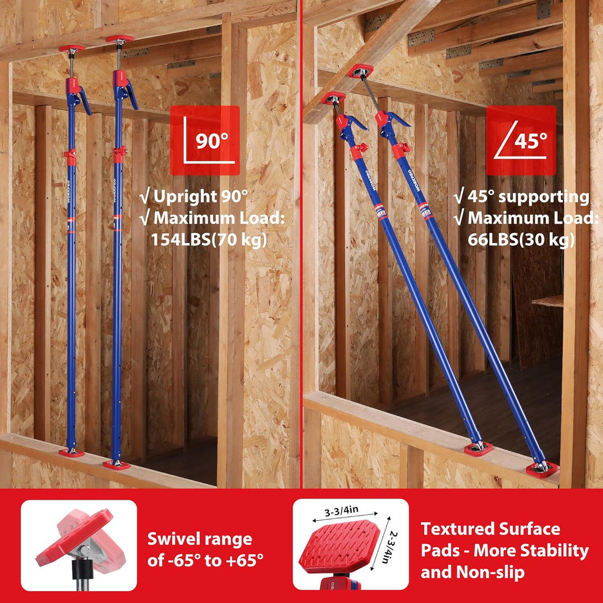 WORKPRO Cabinet Jack Support Pole, 54-114 Inches Steel Telescopic Quick Support Rod Adjustable 3rd