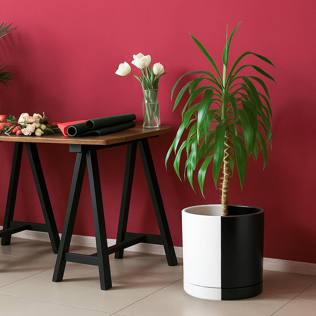 D'vine Dev 10 Inch Ceramic Planter Pot with Drainage Hole and Saucer, Indoor Cylinder Round Planter