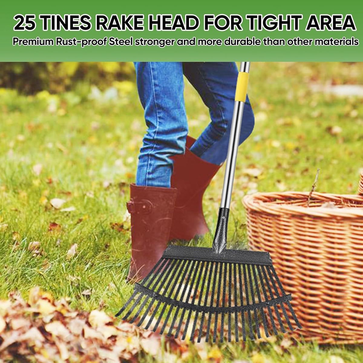 Rake Heavy Duty 6FT Long Garden Rakes , 18.5 Inch Wide Leaf Rake for Lawns, 25 Metal Tines