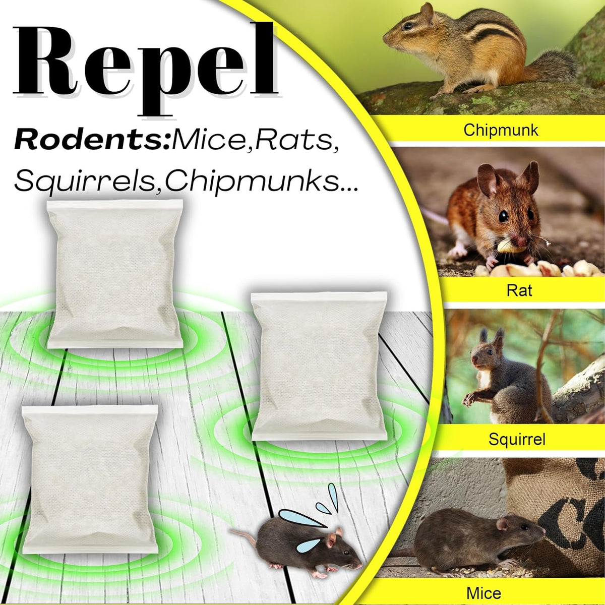 Mouse Repellent Pouches,Peppermint Oil Powered, Indoor Outdoor & Car Use, Natural Rodent Deterrent