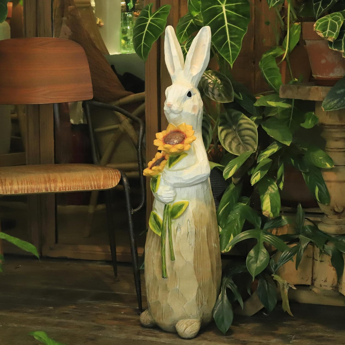 ZOEJADE 35"H Resin Large Rabbit Statue Bunny with Sunflowers Sculpture Outdoor Statues Indoor Decor