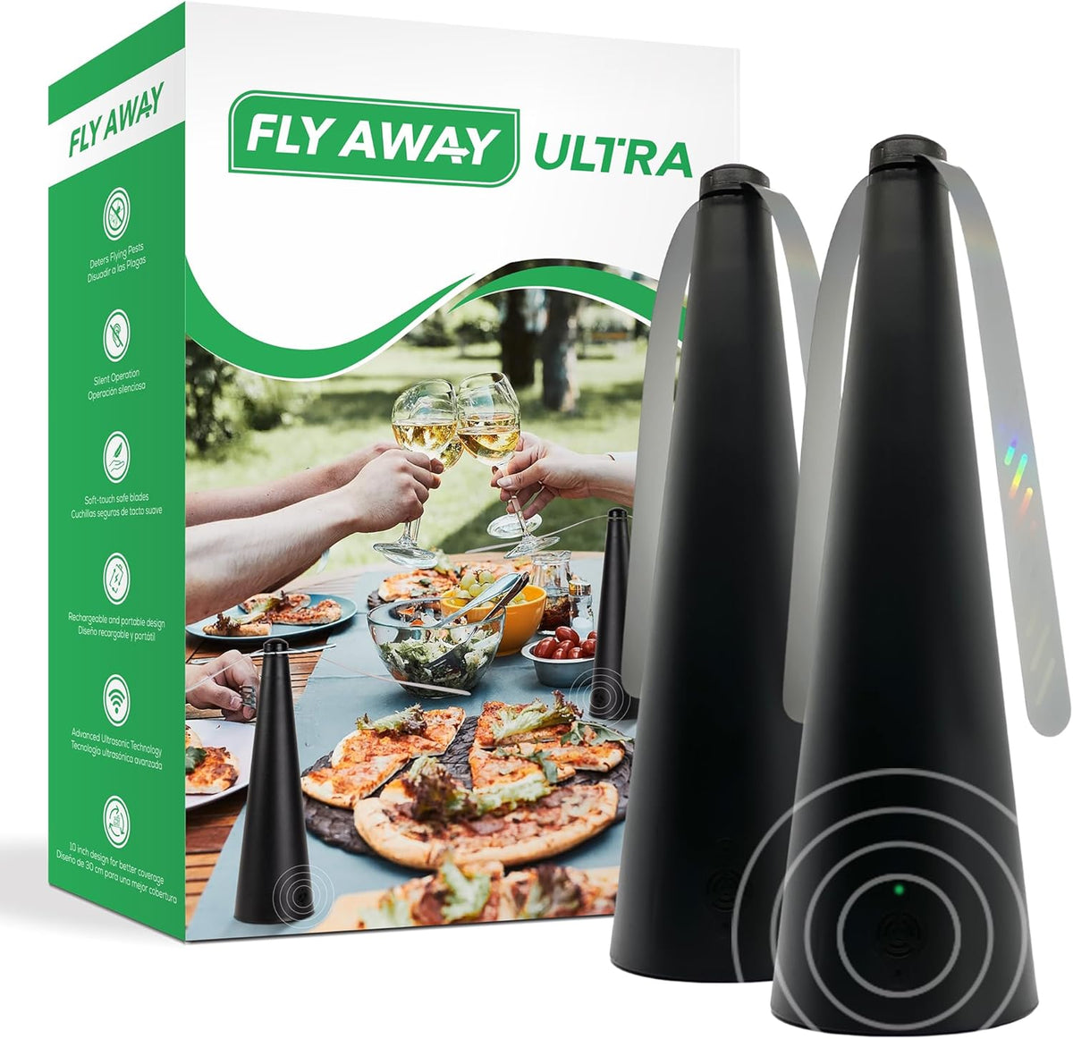 Fly Away Ultra - 2 Pack Rechargeable Outdoor Fly Fans for Tables with Ultrasound, Outdoor or Indoor