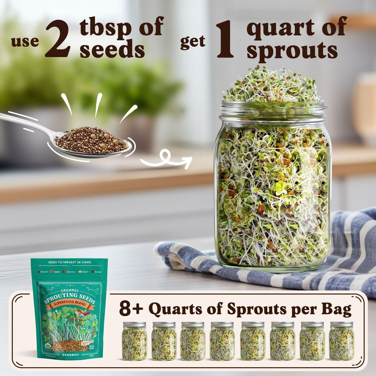 Seedboy Organic Non-GMO Sprouting Seeds, Superfood & Protein Blend – 2 Pack Bundle – USA Grown