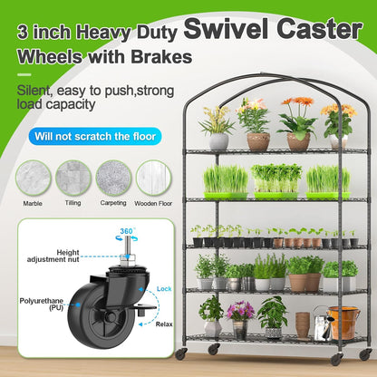 Abimars 5-Tier Greenhouse with Caster Wheel, Each Shelf Height Adjustable Metal Plant Shelf with