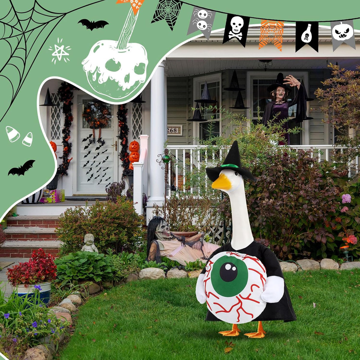 Sanwuta 1 Set Halloween Porch Goose Outfit Eyeball Pillow Design with Hat for 23" Lawn Cement Goose