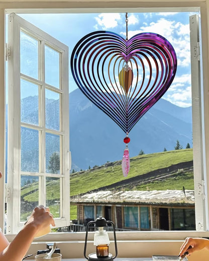3D Heart Wind Spinner - Flowing Light Effect, Purple-Green Gradient Metal Spinner for Outdoor