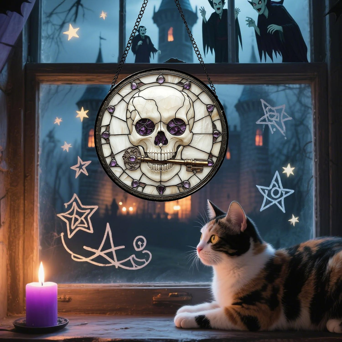 Stained Glass Window Hanging - Halloween Scary Skull Suncatcher for Doors Garden Home Spooky Purple