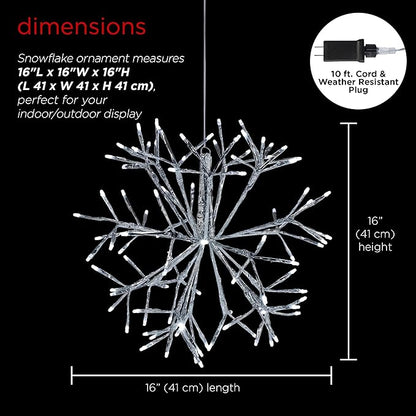 Alpine Corporation 16"H Indoor Holiday 3D Snowflake Hanging Ornament with LED Lights, White