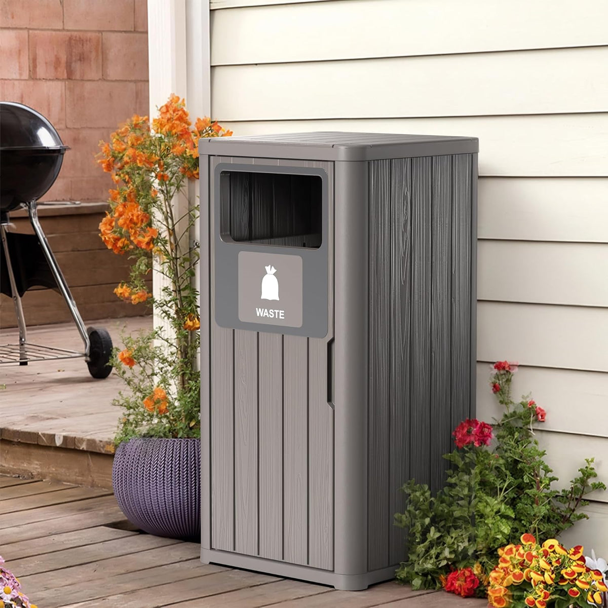 Outdoor Single Barrel Trash Can,Waterproof Resin Garbage Can with Garbage Labels,Durable Waste Bin