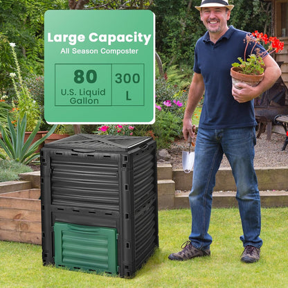 Compost Bin Outdoor, 80 Gallon Garden Compost Bin with Top Lid & Bottom Door, Aerating Outdoor