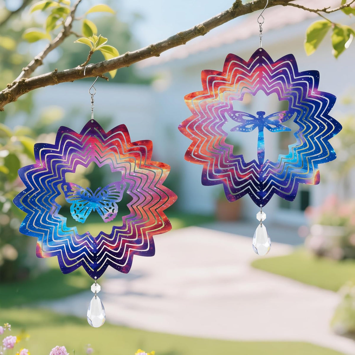 2PCS Garden Wind Spinners 3D Wind Sculptures Butterfly & Dragonfly Hanging Kinetic Wind Catchers