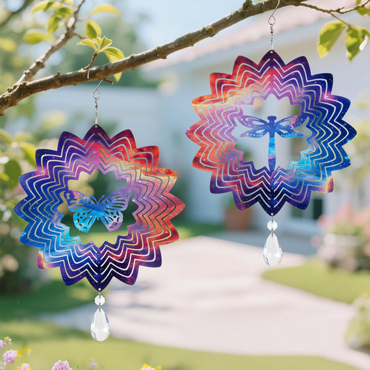 2PCS Garden Wind Spinners 3D Wind Sculptures Butterfly & Dragonfly Hanging Kinetic Wind Catchers