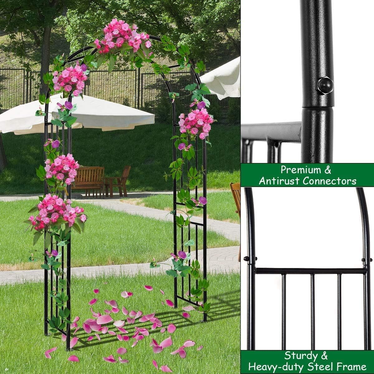 LDAILY Moccha Garden Arch Arbor Trellis, 7.2Ft Outdoor Steel Arbor with Stakes, Metal Archway for