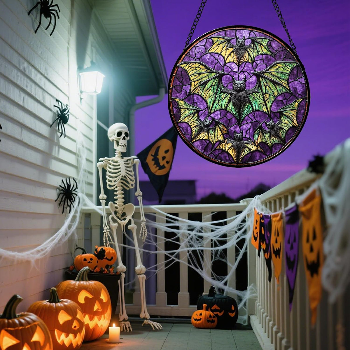 Stained Glass Window Hanging - Halloween Decorations Bats Suncatcher for Doors Garden Indoor Spooky