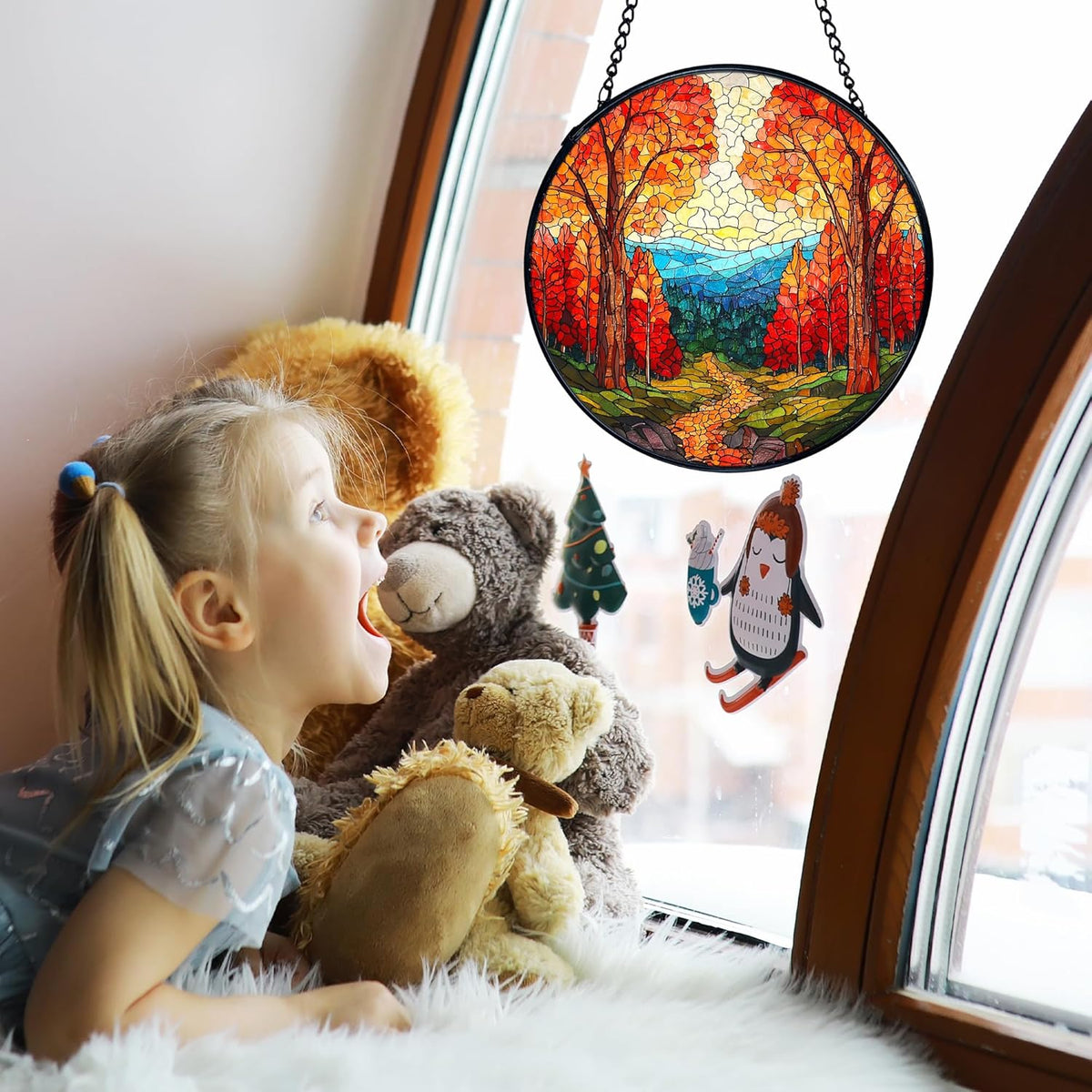 TNUW Fall Forest Stained Glass Window Hanging, Rustic Autumn Landscape Sun Catchers Indoor Window