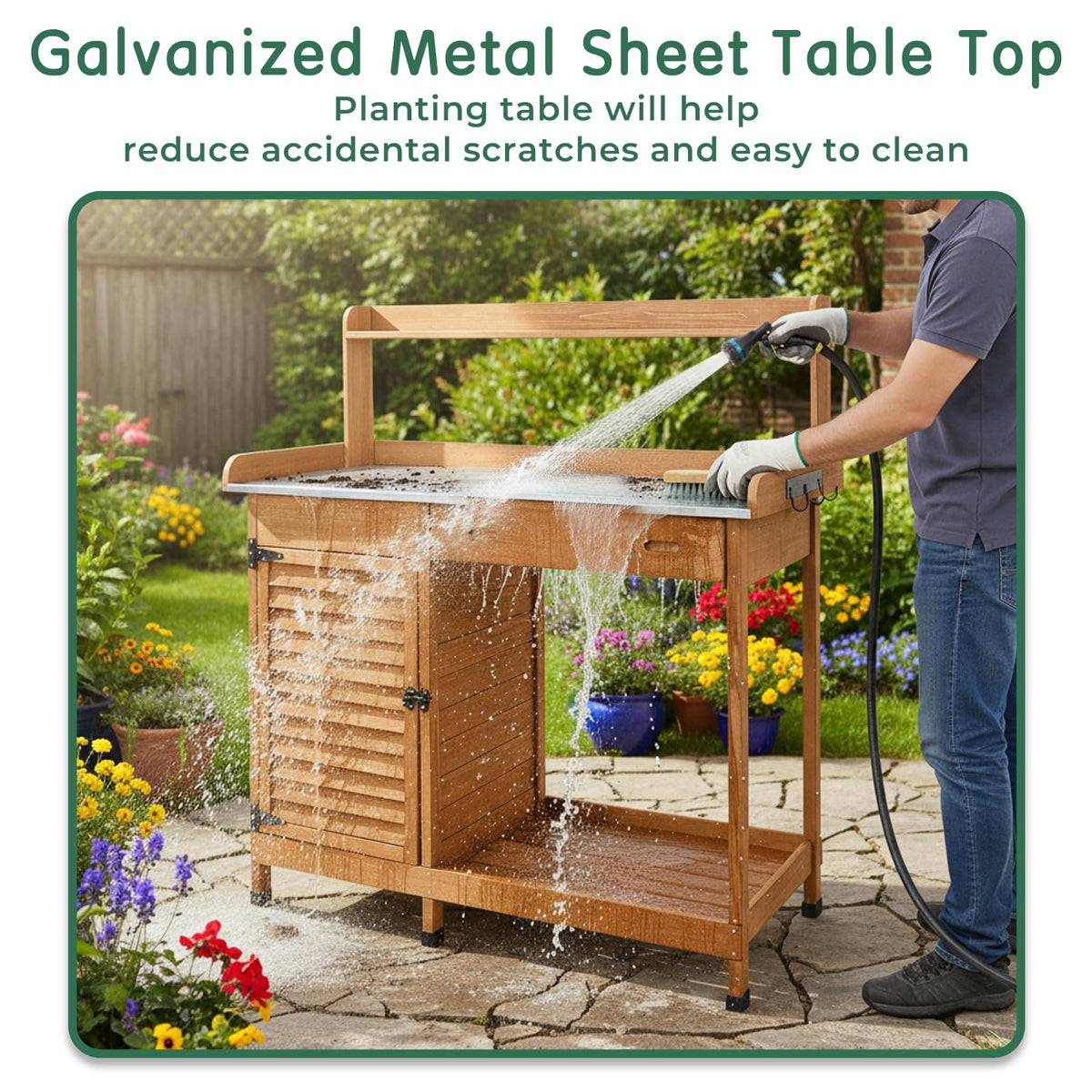 Potting Bench Table Work Bench with Storage Cabinet Outdoor Wooden Garden Workstation with Metal