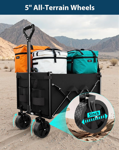 Lightweight Folding Wagon, Large Capacity Collapsible Grocery Cart on Big Wheels, Heavy Duty