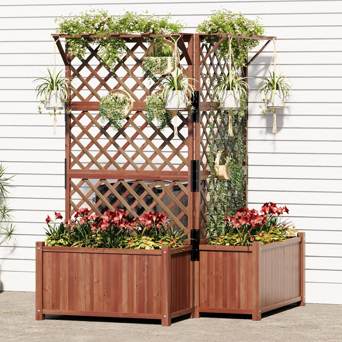 AMERLIFE 2 Pack Raised Garden Bed with Trellis for Vegetables, Climbing Plants, Durable Natural