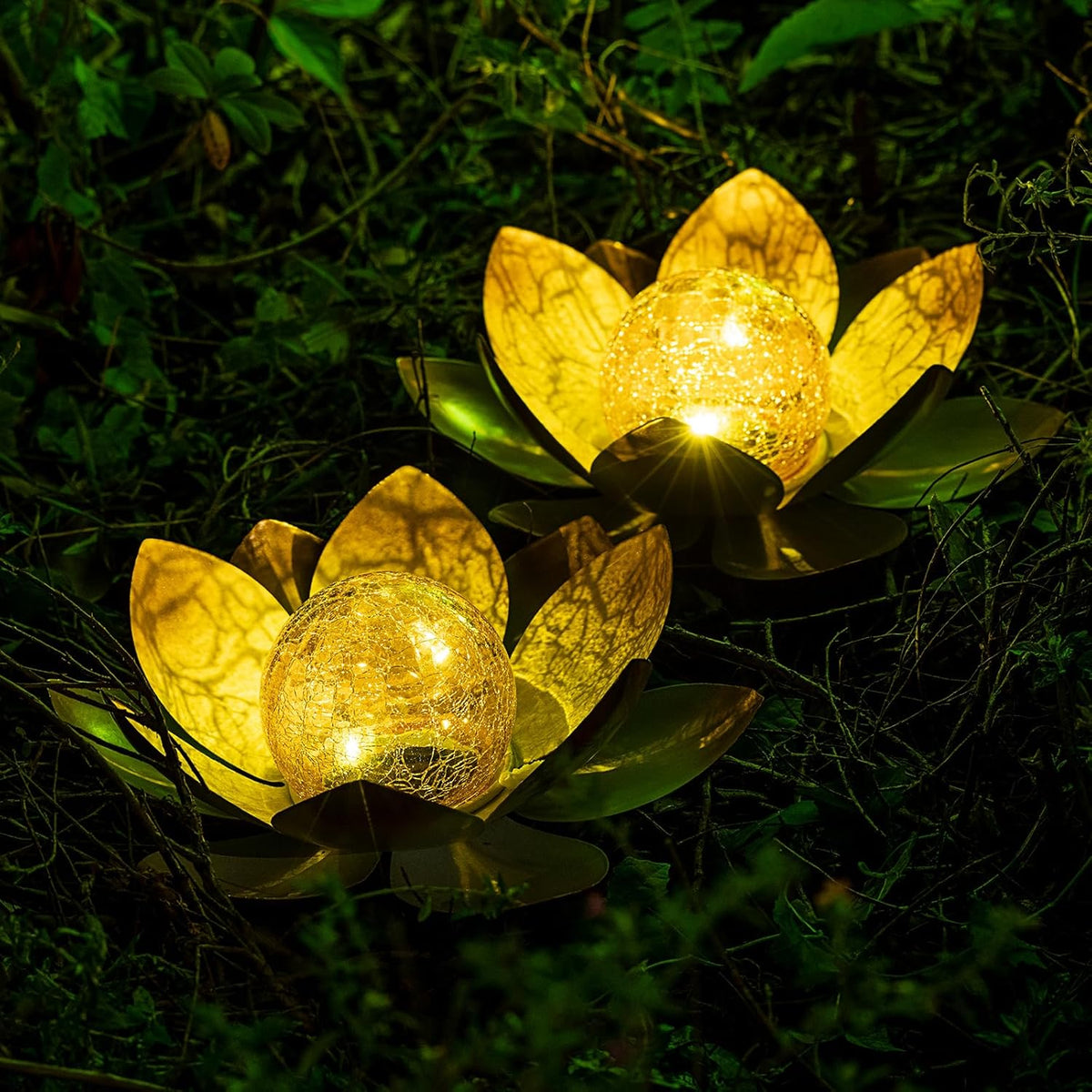 Garden Solar Lights Outdoor(2Pack) , Amber Crackle Globe Glass Lotus Decoration , Waterproof Orange