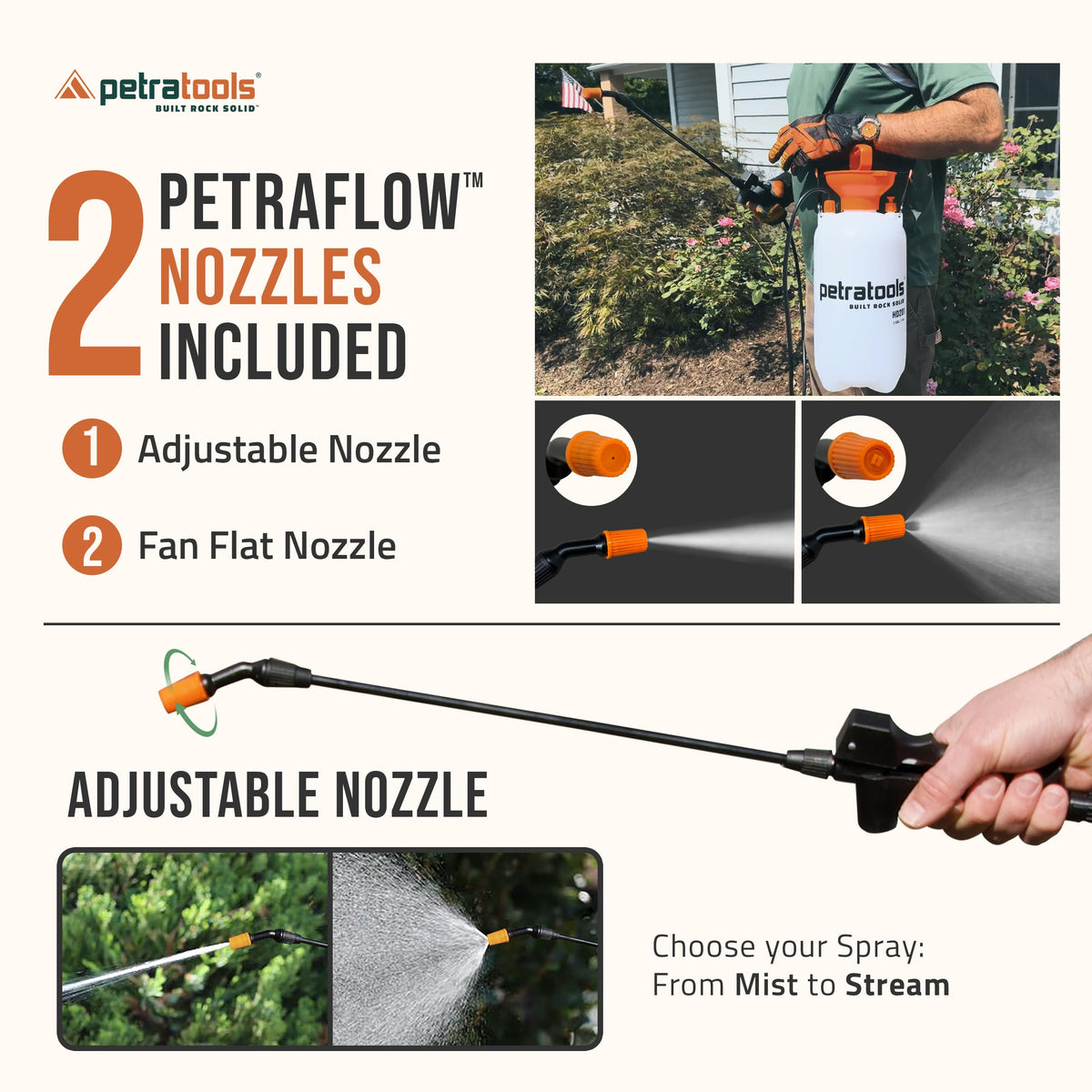 PetraTools HD201 Garden Pump Sprayer 2 Gallon, 52-in Long Hose & 2 Nozzles