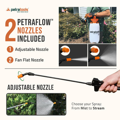 PetraTools HD201 Garden Pump Sprayer 2 Gallon, 52-in Long Hose & 2 Nozzles