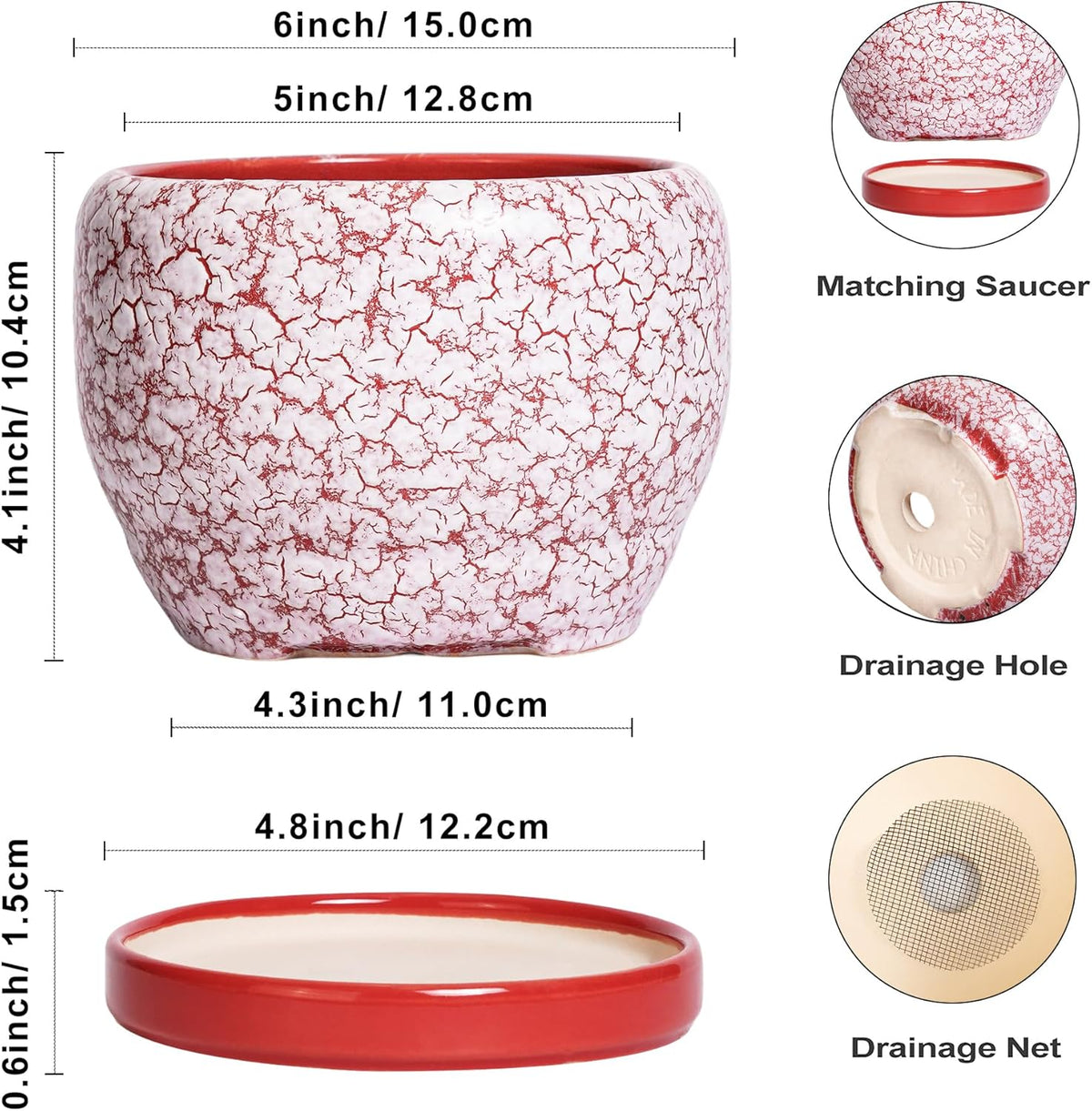 SQOWL 6 Inch Plant Pot - Ceramic Planter for Indoor Outdoor, Round Decorative Plant Pot with