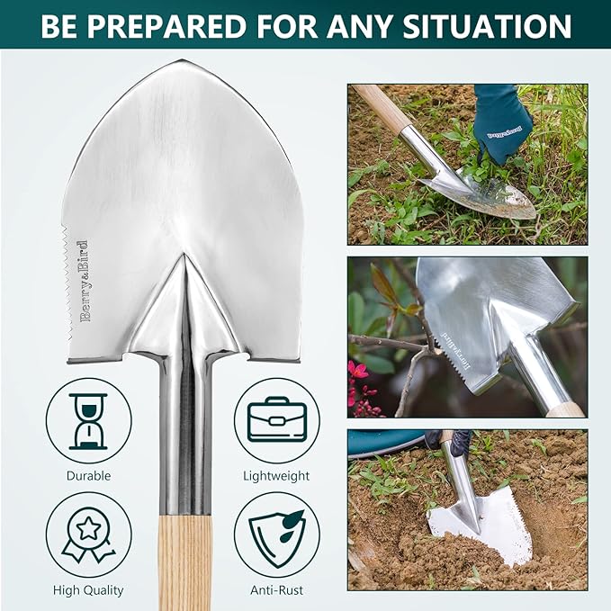 Berry&Bird Short Hand Shovel, 19.8’’ Digging Trowel for Gardening with Wood Handle Stainless Steel
