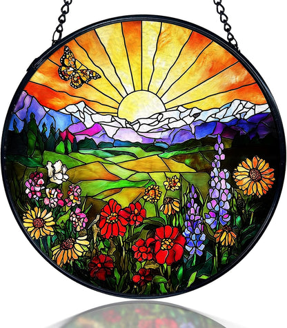 kdqua Sunshine Flower Suncatcher Stained Glass Window Hanging, Cottagecore Sunset Wildflower Sun