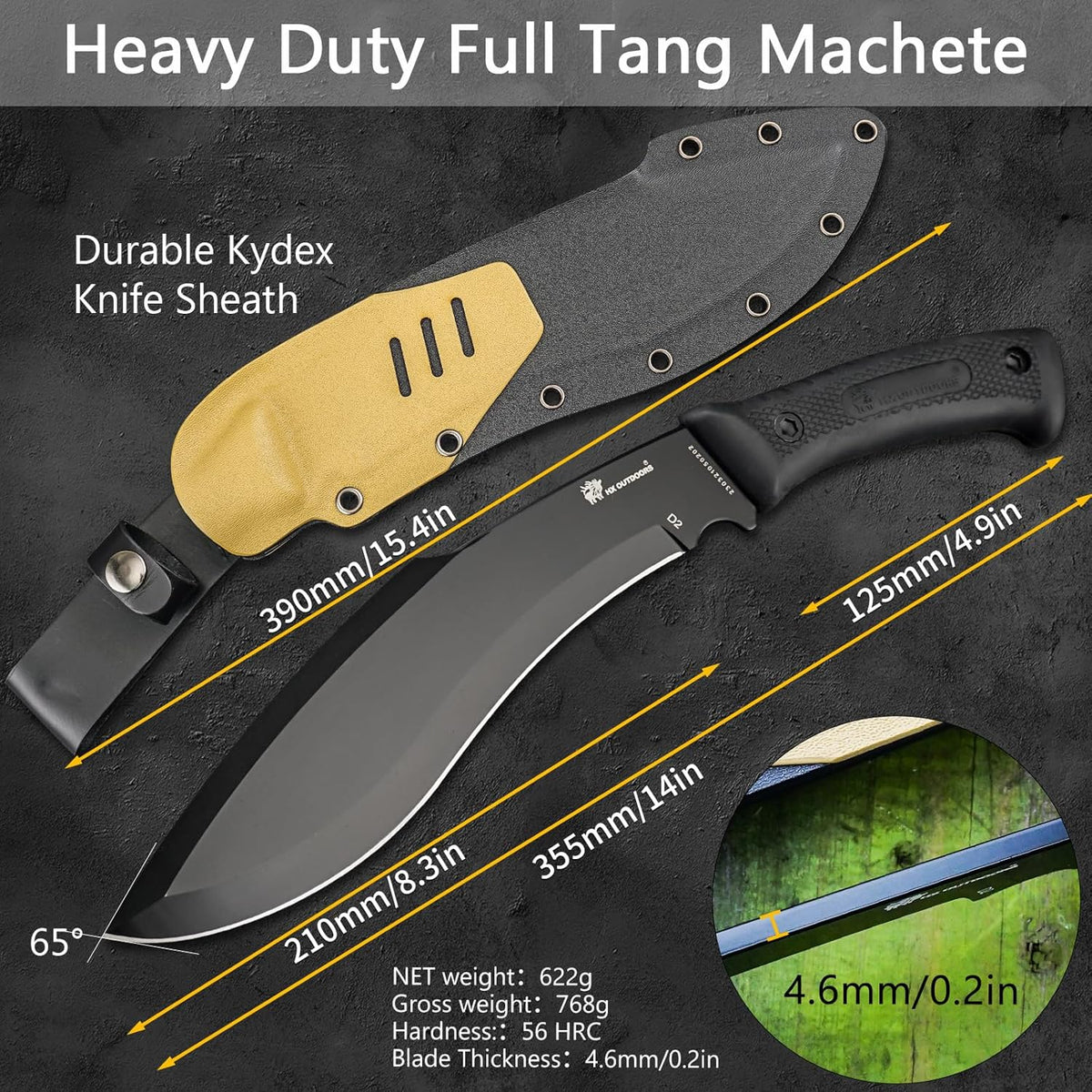 HX Outdoors 14 Inch Bush Machete Kukri Knife, Premium D2 Steel Full Tang Gardening Machete Knife