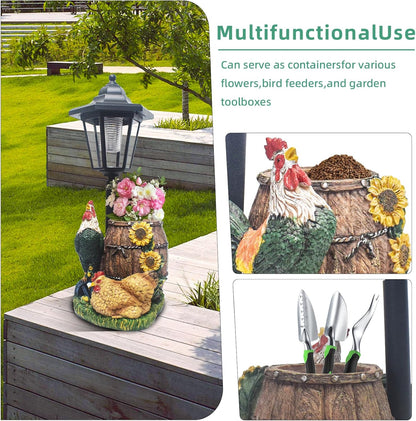Rooster Statues Outdoor Solar Sculptures with Solar Lights and Flowerpot Funny Garden Decor Animal
