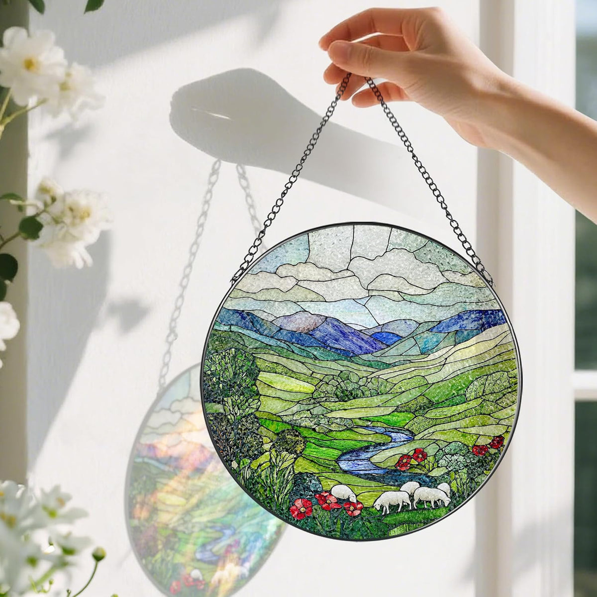 Stained Glass Window Hanging, Pauyadu 8 Inch Green Irish Hills Stained Glass Suncatcher, Window