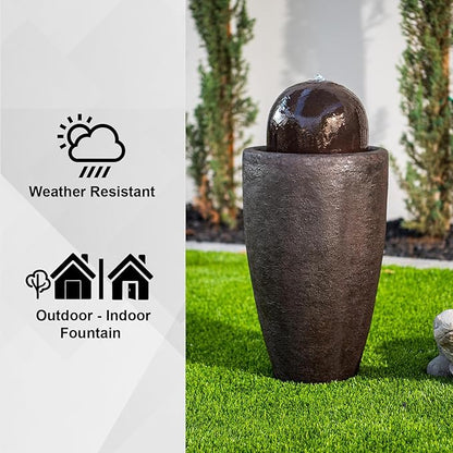 XBrand 25.98" H Round Stone Indoor/Outdoor Modern Stone Textured Sphere Water Fountain with LED Lights, Ball Fountain Decor for Garden, Patio, Outdoor, Brown