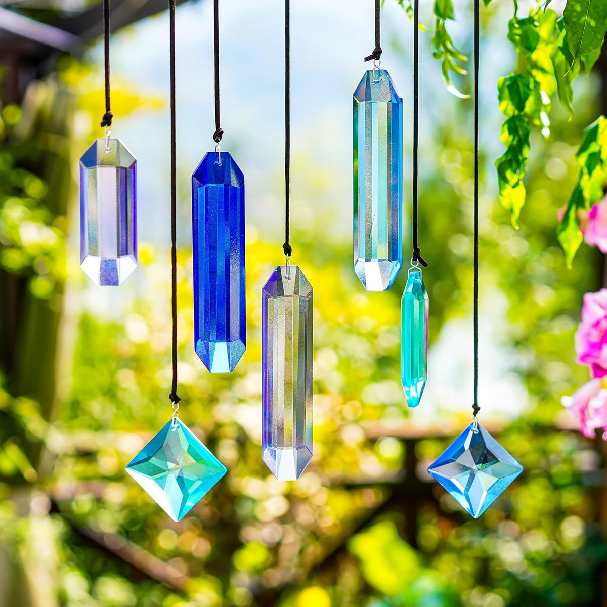 HDCRYSTALGIFTS Crystal Prisms Sun Catchers Hanging, 7PCS Blue Dreams Suncatcher Rainbow Maker Sun