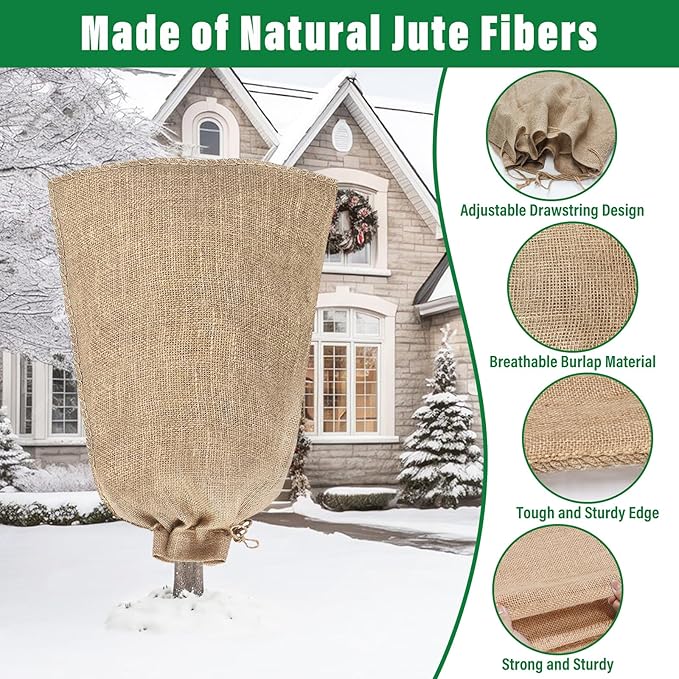Riare 2 Packs 45 × 70 Inch Burlap Winter Plant Cover Bags with Drawstring- Reusable Large Burlap
